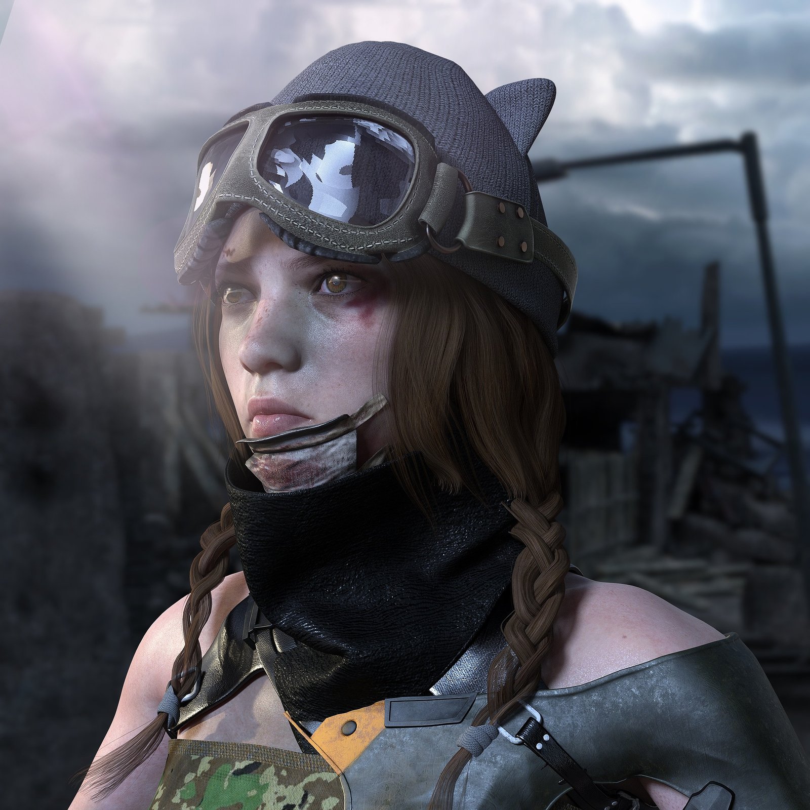 imagem de uma menna guerreira com trancas e mascara de piloto de aviao em guerra