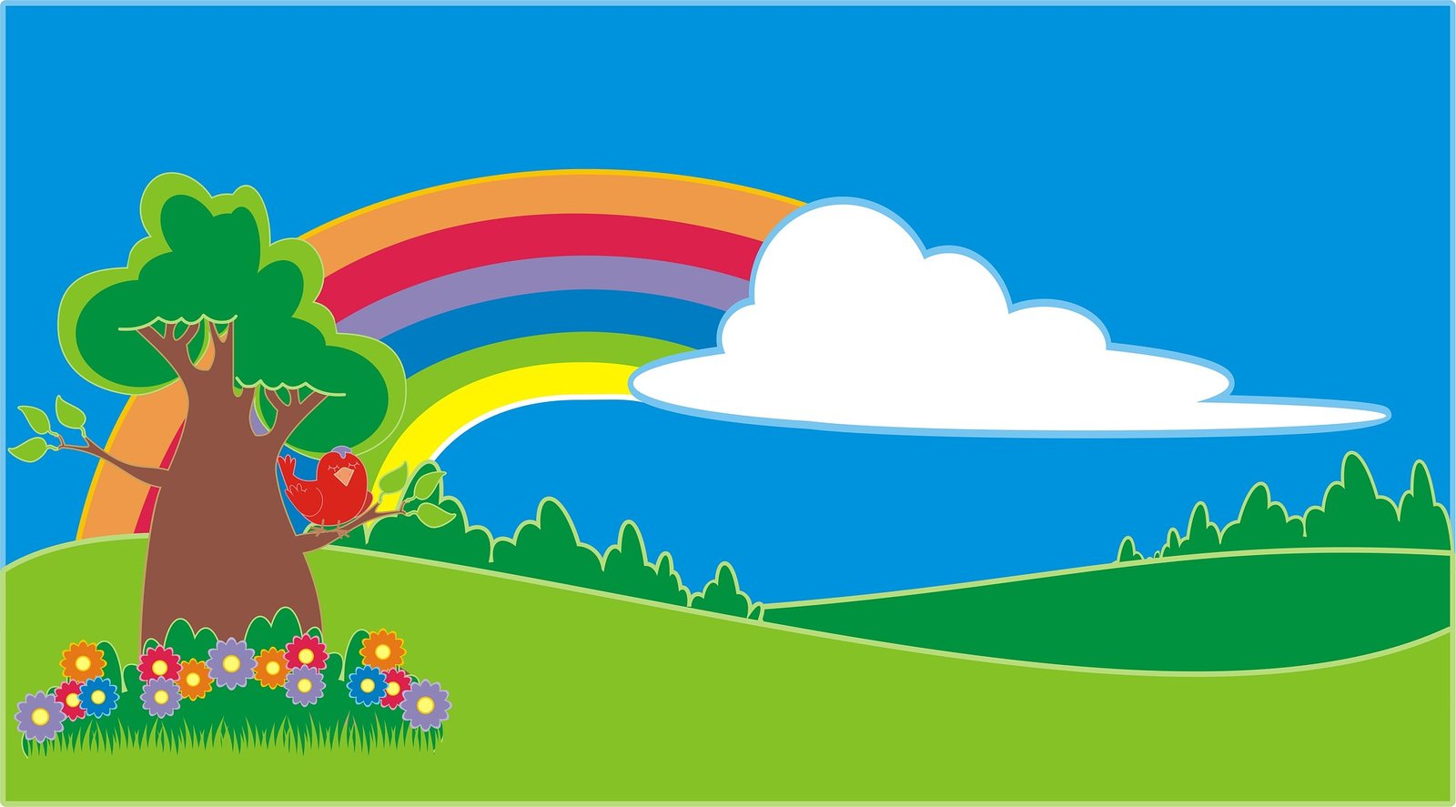 imagem do paraiso com arvore, passarinho, flores e arco iris pixabay.com